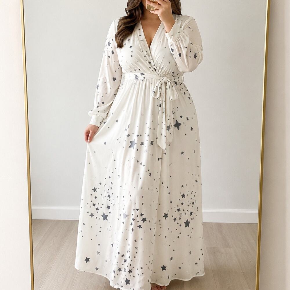 Mason Grey🌿NWT Star Print Wrap Maxi Dress Women's Small Celestial Long Sleeve